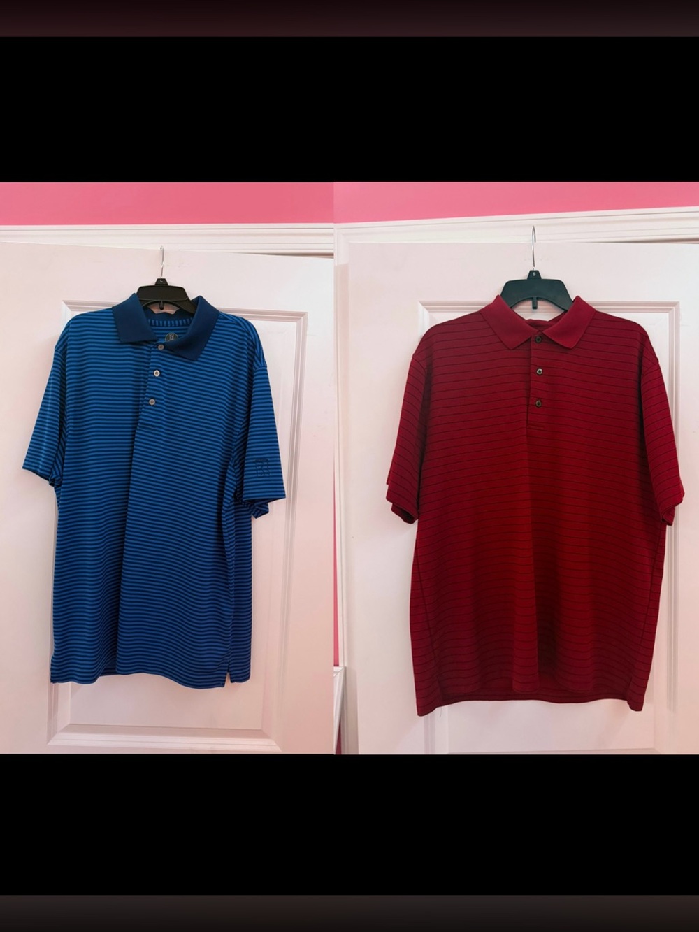 2 Men's Short Sleeve Polo Shirt - Blue / Red - Classic Stripe